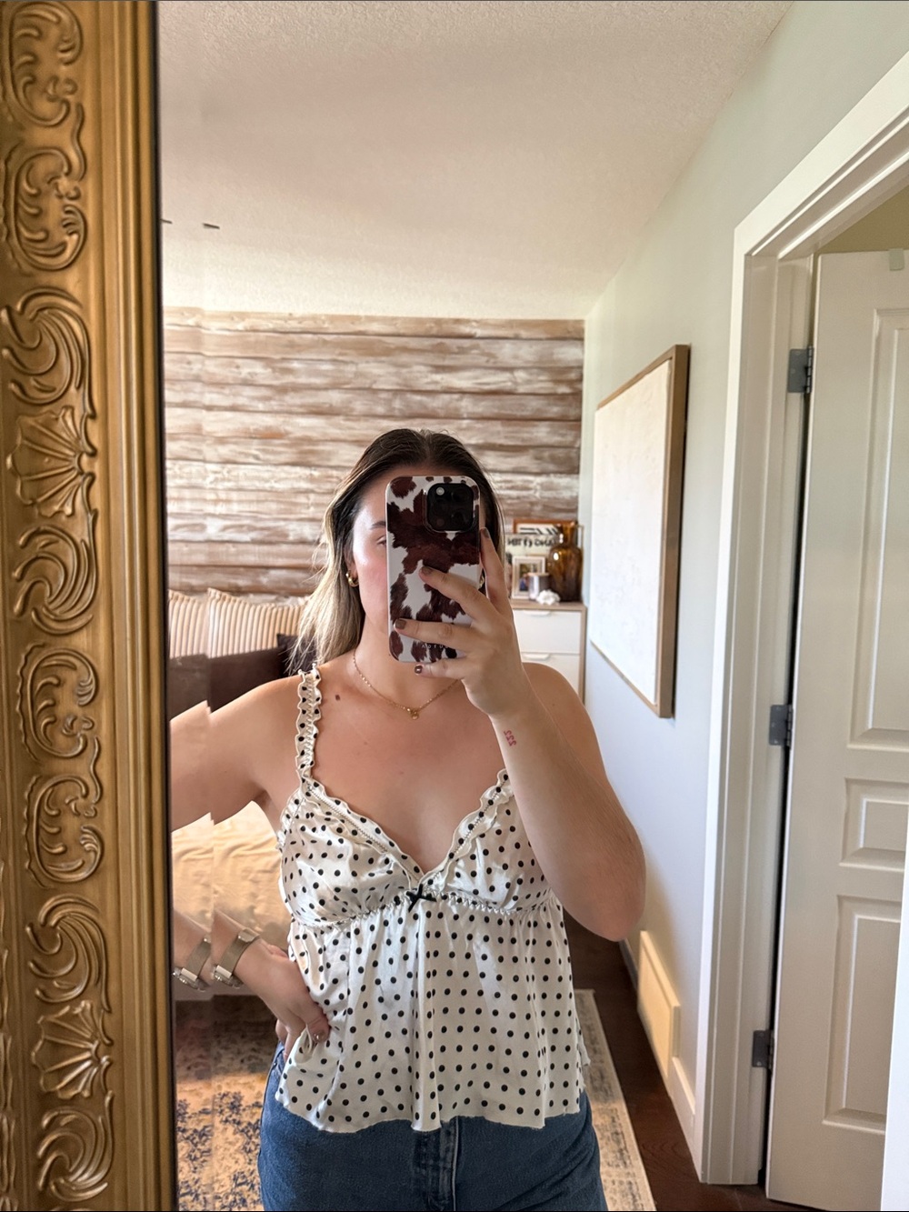 Vintage White and Black Polka Dot Ruffle Strap Tank Top